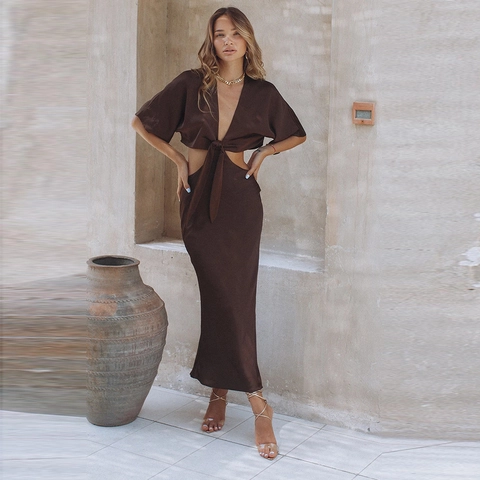Top E Gonna Midi In Raso Da Donna Sexy Schiena Scoperta Allacciatura Intaglio Manica Corta Stile Vacanza Caffè