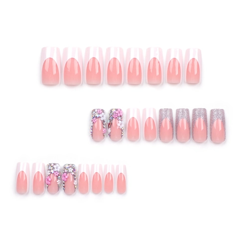 French Press On Nails With 3D Flowers And Rhinestones Square Coffin Fake Nails For Women Sweet Style