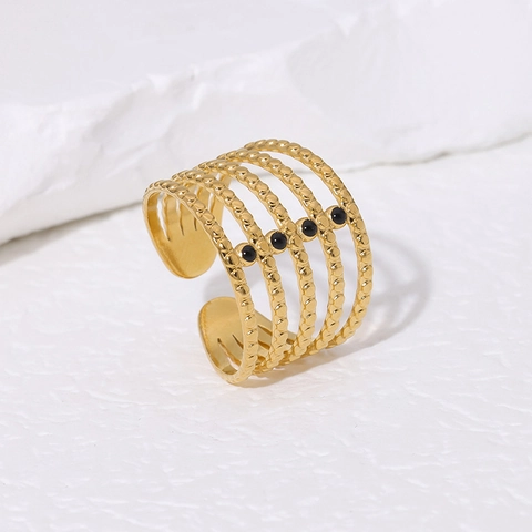 Anello Aperto Multistrato Acciaio Inossidabile Placcato Oro 18K Perle Nere Regolabile Geometrico Minimalista Donne