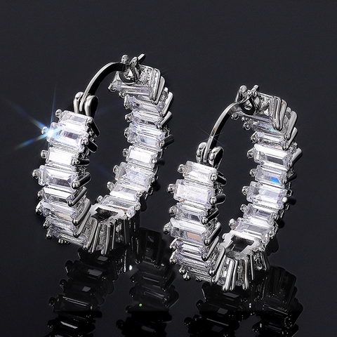 Hoop Ohrringe Glänzendes Kupfer Birne Baguette Zirkonia Luxus Hochzeit Party Schmuck Für Damen
