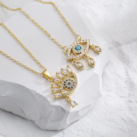 Collana Pendente Malocchio Rame Placcato Oro 18K Zircone Blu Lacrima Gioielli Raffinati Eleganti Da Donna