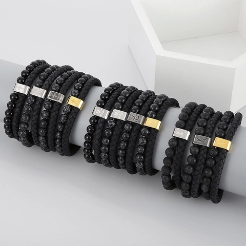 Men Double Layer Bracelet Stainless Steel Lava Stone Turquoise Braided Leather Rope Magnetic Clasp Retro Religious Style