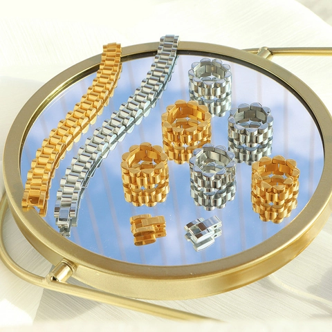 Modisches Armband Und Ring Mit Uhrenarmband Gliederkette Titanstahl Vergoldet Nischen Design High End Stil Damen