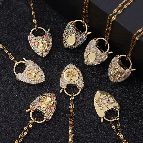 Collana Con Pendente Lucchetto A Cuore Rame Placcato Oro Micro Pavé Zircone Religioso Vergine Maria Serpente Croce Gioielli Donna