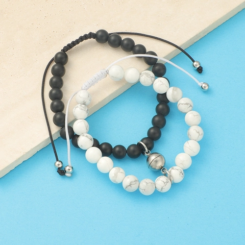 Magnetische Pärchen Armbänder Naturstein Schwarzer Achat Weißer Türkis Edelstahl Verstellbarer Beziehungsschmuck
