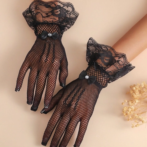 Eleganti Guanti In Pizzo E Rete Con Fiocco In Nastro Di Raso E Strass Accessorio Per Matrimonio E Feste Formali Da Donna
