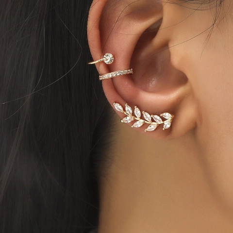 Zirconia Ear Cuff Set Copper Leaf Ear Crawlers Non-Piercing Clip On Earrings Fashion Jewelry For Women Daily Party Accessories