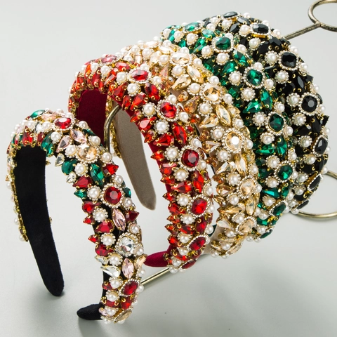 Baroque Vintage Luxury Wide Headband For Women Padded Velvet Inlaid Rhinestone Artificial Pearl Palace Style Party Hair Hoop
