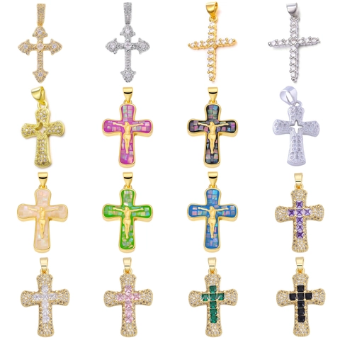 Ciondoli Croce Crocifisso Charms Rame Zirconia Conchiglia Abalone Inlay DIY Creazione Gioielli Accessorio Religioso Hip Hop