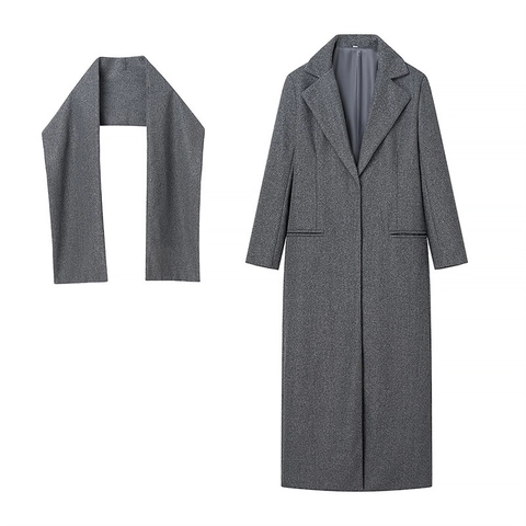 Abrigo Largo De Lana Para Mujer Y Bufanda A Juego Elegante Cuello De Solapa Abrigo De Un Solo Pecho Ropa De Abrigo Holgada Minimalista Gris