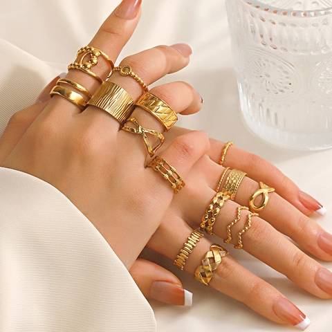Edelstahl Ring 18K Vergoldet Geometrisch Verstellbar Offen Modeschmuck Für Frauen Gehämmert Texturiert
