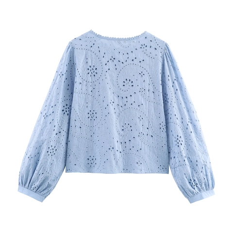 Blusa Donna Maniche Lunghe Cotone Poliestere Ricamo Inglese Traforato Girocollo Paisley Casual Elegante Maglia Top