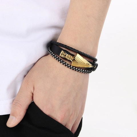 Bracciale In Pelle Intrecciata Multistrato Con Punta Di Freccia In Acciaio Inossidabile Chiusura Magnetica Gioielli Punk