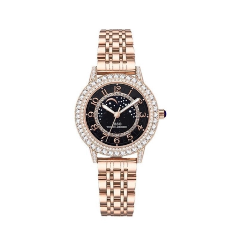 Womens Quartz Watch Starry Sky Moon Phase Dial Rhinestone Bezel Stainless Steel Leather Strap Elegant Casual Water Resistant