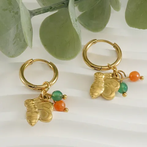 Bee Charm Hoop Ohrringe Edelstahl 18K Vergoldet Bunte Perlen Retro Pastoraler Stil Schmuck Für Frauen