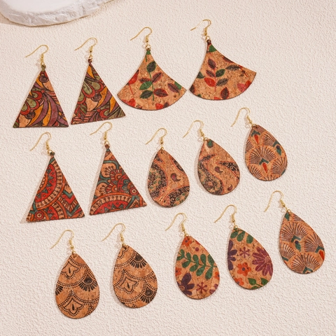 Vintage Bohemian Cork Leather Earrings For Women Waterdrop Triangle Fan Shape Floral Paisley Print Ethnic Style Gold Tone Hook