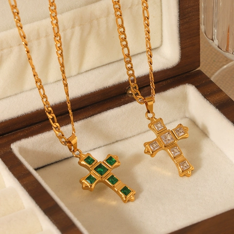 Collana Con Ciondolo A Croce Acciaio Inossidabile Intarsio Zircone Catena Figaro Placcato Oro Gioielli Di Moda Per Donne