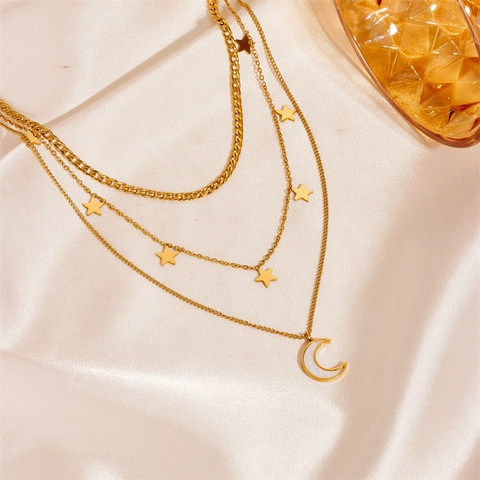 Layered Necklace Stainless Steel Star Moon Pendants White Inlay Gold Tone Elegant Niche Design Jewelry For Women