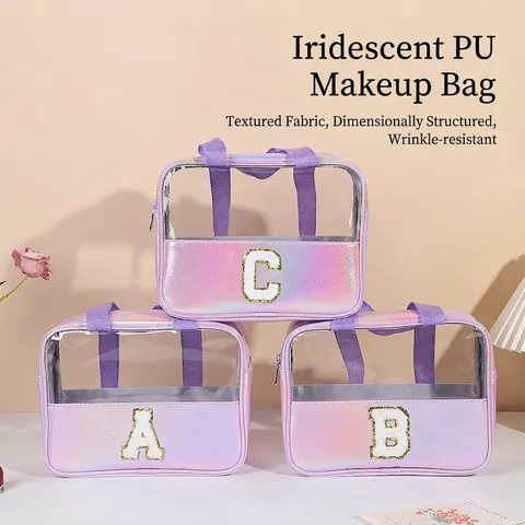 Borsa Trucco Iridescente Trasparente Pelle PU Impermeabile Grande Capacità Organizzatore Viaggio Toppa Lettera Donne