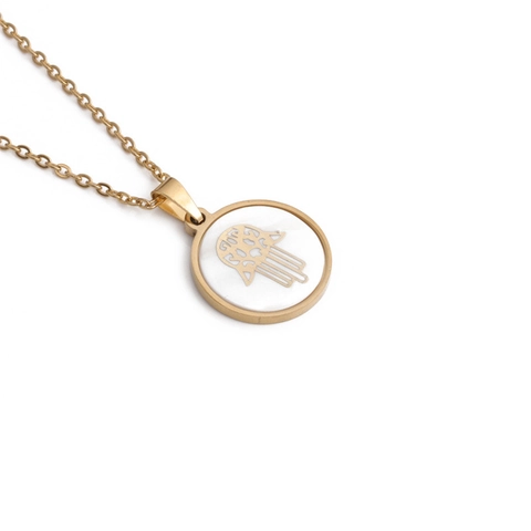 Hamsa Hand Pendant Necklace Stainless Steel Mother Of Artificial Pearl Inlay Zircon Religious Hand Of Fatima Protective Amulet Jewelry