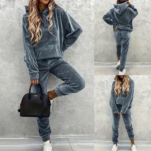 Women Velvet Hoodie And Jogger Pants Tracksuit Long Sleeve Casual Solid Color Streetwear Loungewear