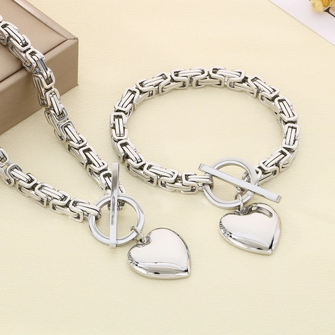 Juego De Joyas De Collar Y Pulsera De Acero Inoxidable Con Colgante De Corazón Cadena Bizantina Cierre De Palanca Mujer