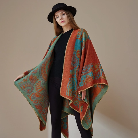 Damen Winter Warm Paisley Schal Umhang Vintage Ethno Offene Front Decke Schal Mode Oberbekleidung Umhang