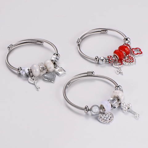 Stainless Steel Cable Wire Bracelets Adjustable Heart Lock Key Charms Beads Shell Artificial Pearl Jewelry For Women