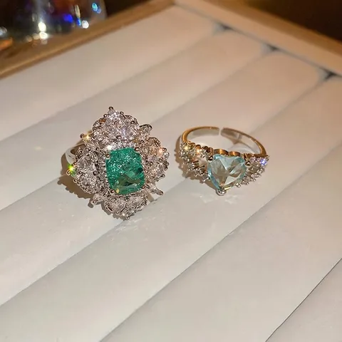 Zirkon Herz Und Smaragdschliff Grüne Edelstein Offene Ringe Verstellbar Mode Eleganter Schmuck Accessoire Für Frauen