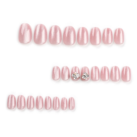 Roze Cat Eye Press On Nagels Met Strass Kunstparels Decor Kort Rond Magnetisch Glitter Kunstnagels