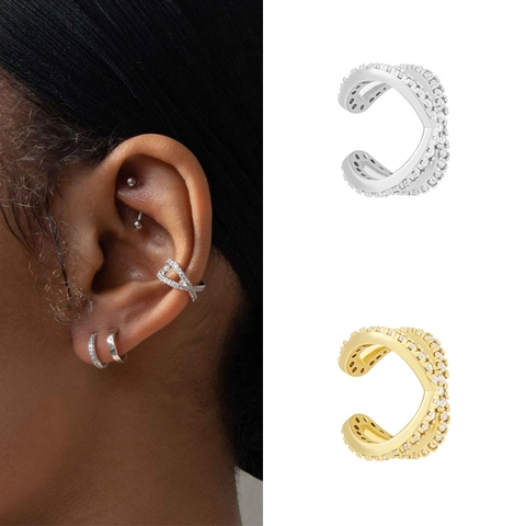 Copper Ear Cuff Zirconia Criss Cross Twisted Double Layer Non Piercing Clip On Earrings Elegant Jewelry For Women
