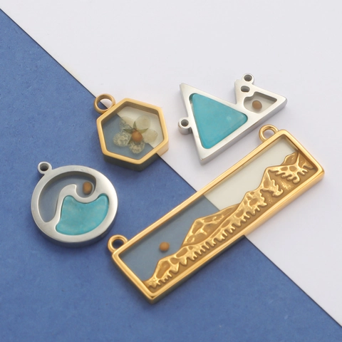 Nature Mountain Wave Geometric Pendants 304 Stainless Steel Resin Enamel Dry Flower DIY Jewelry Charms