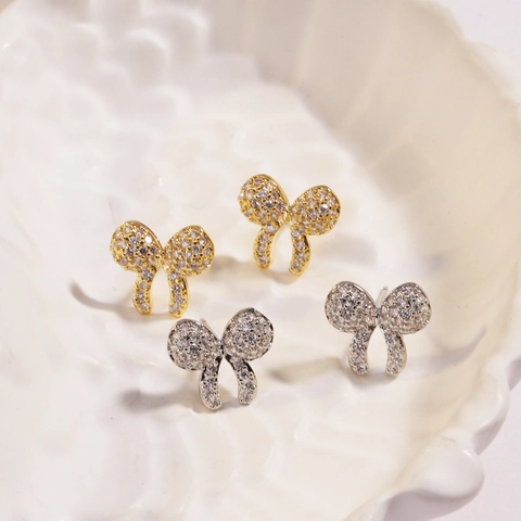 Sweet Bowknot Heart Stud Earrings Copper Pink Colorful Cubic Zirconia Elegant Jewelry For Women