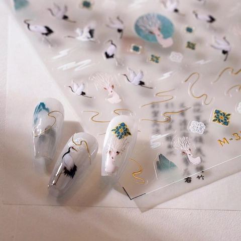 Stickers À Ongles Élégants Style Chinois Bronzage Ligne Dorée Grue Cerf Paysage Décalcomanies Adhésives Ultra Minces