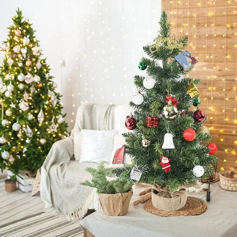 Mini Sapin De Noël Artificiel PE Vert Avec Base En Toile De Jute Décoration De Table Bureau Décoration Rustique Maison Bureau