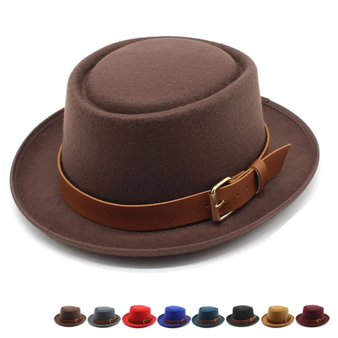 Chapeau Pork Pie Vintage En Feutre De Laine Bord Court Fedora Avec Bande En Similicuir Boucle Doree Style Britannique