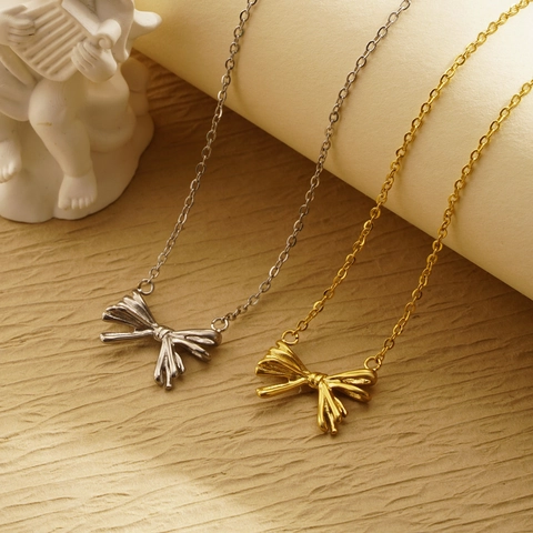 Collier Pendentif Nœud Acier Inoxydable Élégant Nœud Papillon Bijoux De Chaîne Clavicule Pour Femmes Style Minimaliste Chic