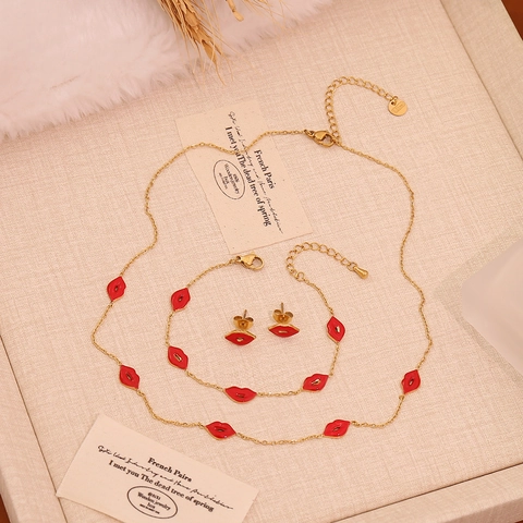 Rode Lippen Hart Ketting Armband En Oorbellen Collectie Rode Emaille 304 Roestvrij Stalen Sieraden Verguld Mode