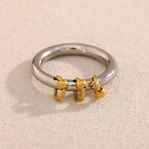 Stainless Steel Ring 18K Gold Plated Bicolor Dangling Round Beads Charms Tassel Minimalist Chic Fashion Jewelry For Women