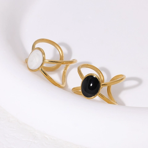Anello Acciaio Inossidabile Placcato Oro 18K Minimalista Geometrico Regolabile Aperto Strato Incrociato Smalto Ovale