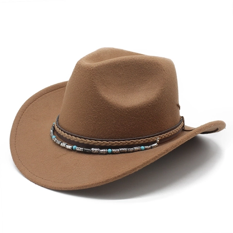 Chapeau De Cow-Boy Western En Feutre De Laine Large Bord Ethnique Vintage Jazz Fedora Avec Bande En Cuir Tressé Perles Turquoise