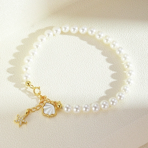 Bracciale da Donna in Argento Sterling S925 con Perle d'Acqua Dolce Ciondoli Stella Marina Conchiglia Gioielli Oceano