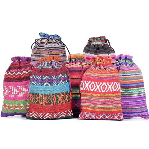 Sacchetto In Cotone Stile Etnico Con Coulisse Righe Intrecciate Motivi Geometrici Per Gioielli Confezione Regalo Organizer