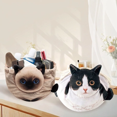 Mignonne Trousse De Maquillage En Peluche Forme Visage Chat Cordon Impression Réaliste Organisateur Cosmétique Sac Voyage