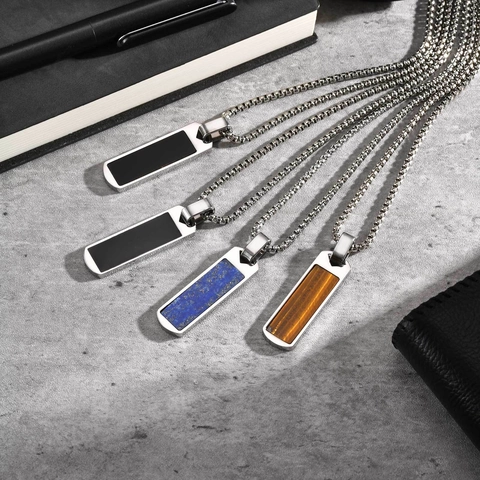 Men Rectangular Bar Pendant Necklace Stainless Steel Lapis Lazuli Onyx Tiger Eye Stone Minimalist Fashion Jewelry