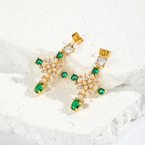 Pendientes De Botón De Cruz De Cobre Chapado En Oro De 18K Con Circonita Verde Y Perla Artificial Joyas Elegantes Para Mujer