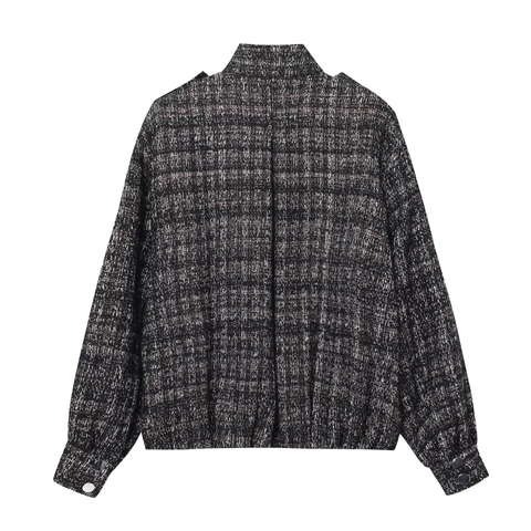 Dames Bomberjack Tweed Ruit Metaaldraad Opstaande Kraag Epauletten Casual Chique Mode Lange Mouwen Jas Bovenkleding