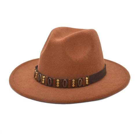 Vintage Wide Brim Fedora Hat Woolen Felt Jazz Cap With Leather Band Shell Metal Studs Bohemian Style For Men Women