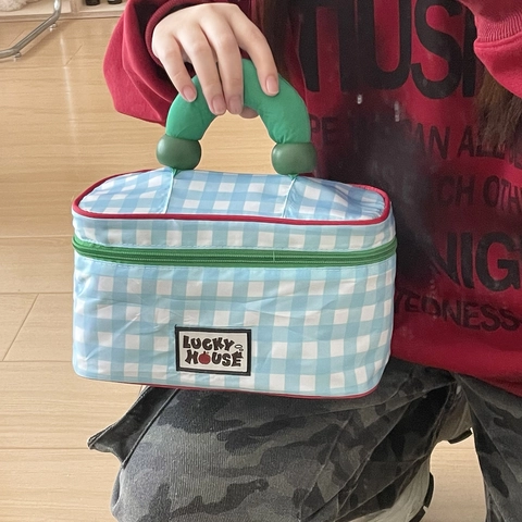Plaid Pattern Cosmetic Bag Nylon Travel Makeup Organizer Water Resistant Large Capacity Contrast Color Handle Pouch