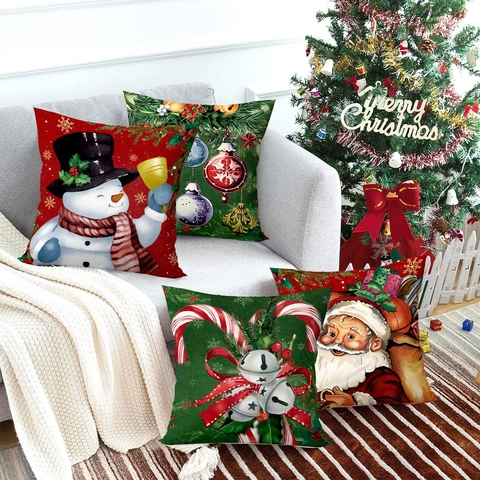 Kerst Kussenslopen Kerstman Sneeuwpop Print Polyester Linnen Textuur Sofa Decoratieve Kussenhoezen Rood Groen